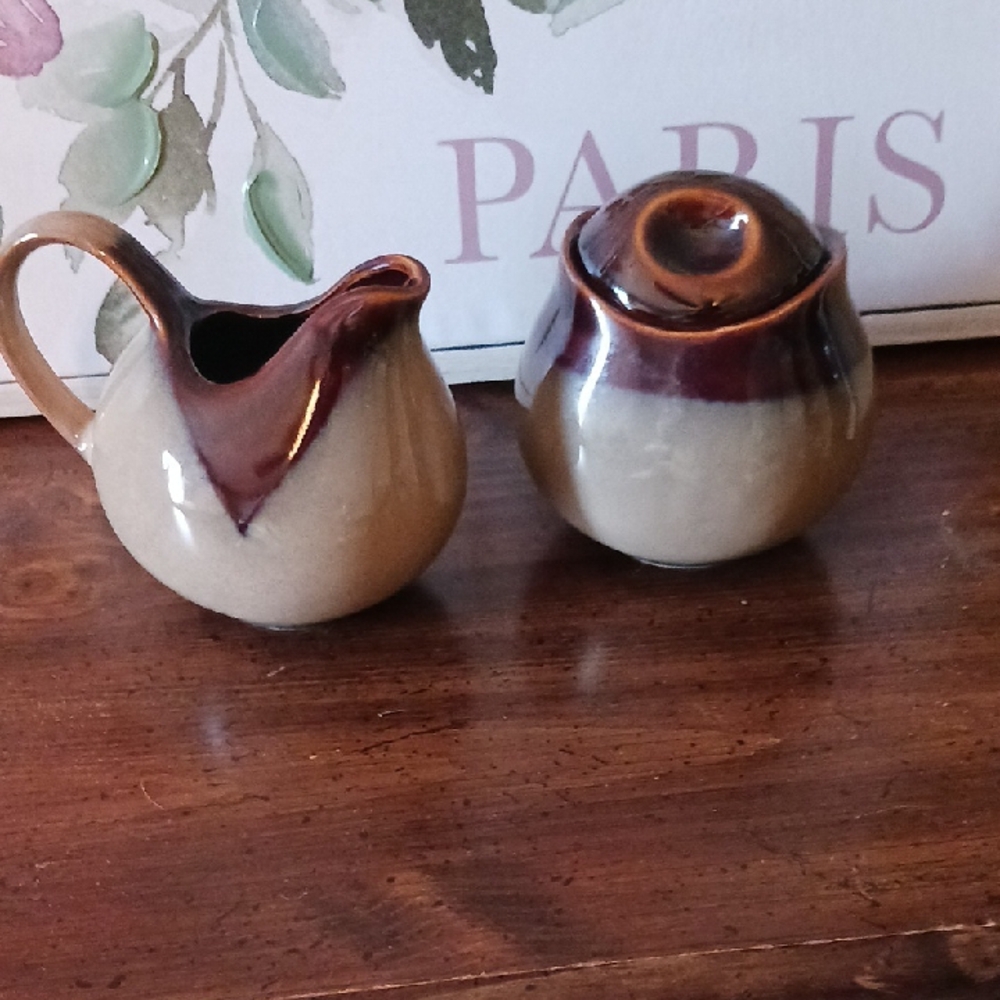 Brown and Cream Ceramic Pitcher and Sugar Bowl Set